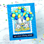 Sunny Studio Stamps Blue, Turquoise & Yellow Merry Mice Mouse with Balloon Bouquet & Cheese Gifts Birthday Card by Ashley