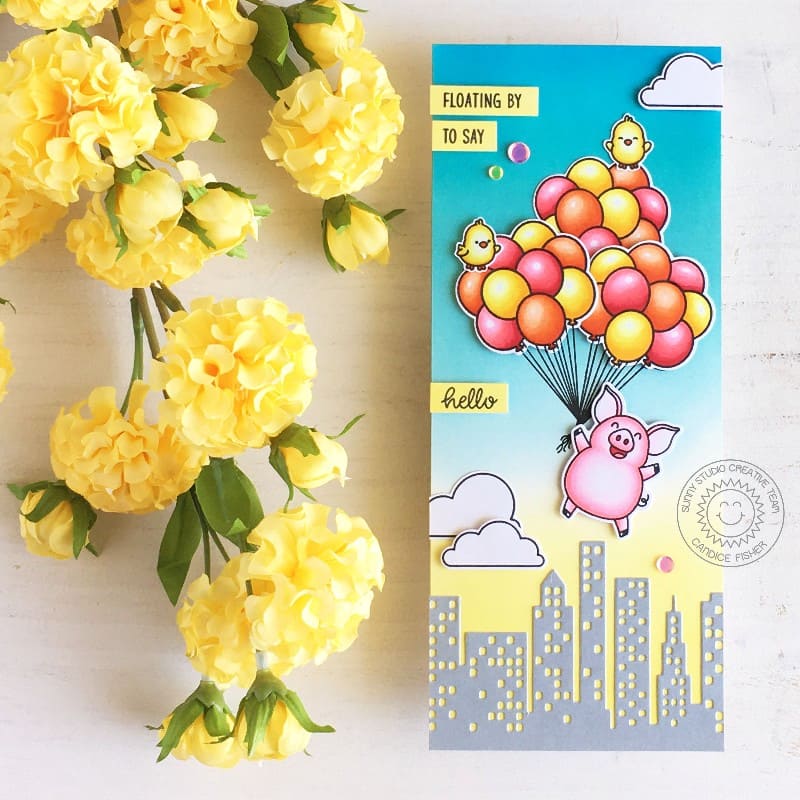 Sunny Studio Pig Floating By To Say Hello with Balloons over City Slimline Card (using Hogs & Kisses 3x4 Clear Stamps)