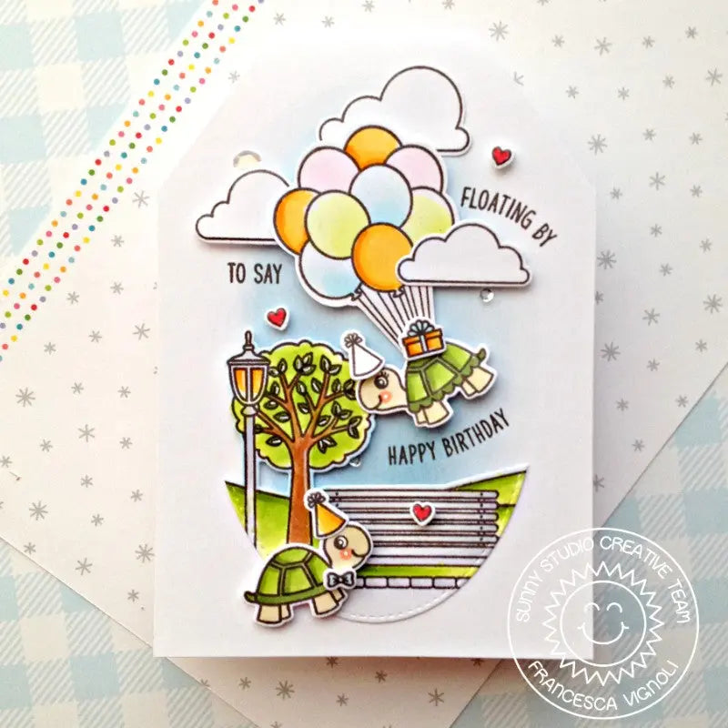 Sunny Studio Stamps Turtley Awesome Floating By To Say Happy Birthday Turtles with Balloons Spring Handmade Card