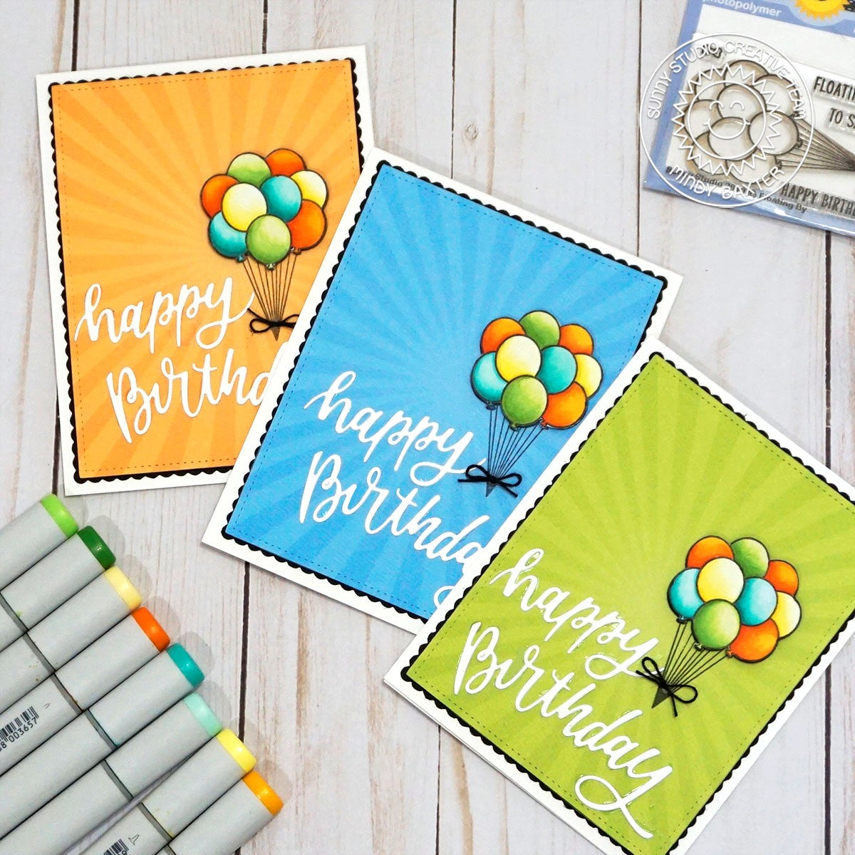 Sunny Studio Clean & Simple CAS Sunburst Balloon Bouquet Masculine Birthday Cards for Men using Floating By Mini Clear Stamps