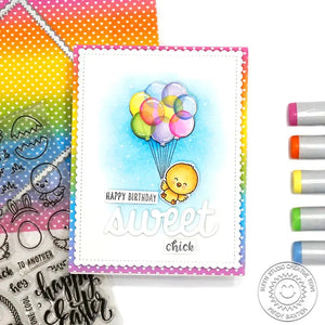 Sunny Studio Stamps Happy Birthday Sweet Chick Floating With Balloons Birthday Card using Sweet Script Word Metal Cutting Die