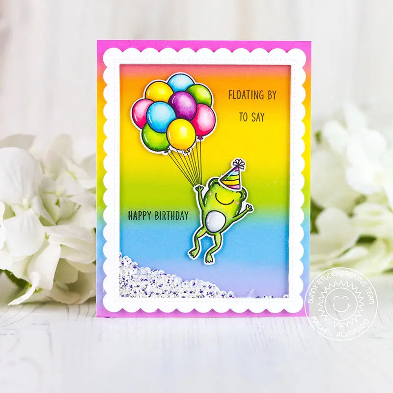 Sunny studio Stamps Floating By To Say Happy Birthday Rainbow Balloons with Leaping Frog Handmade Card (using Froggie Friends 4x6 Photopolymer Clear Stamp Set)