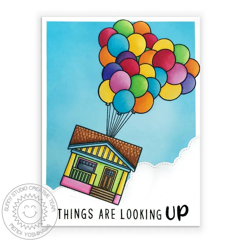 Sunny Studio Things Are Looking Up House Floating with Rainbow Balloons in the Clouds Card using Happy Home Clear Stamps