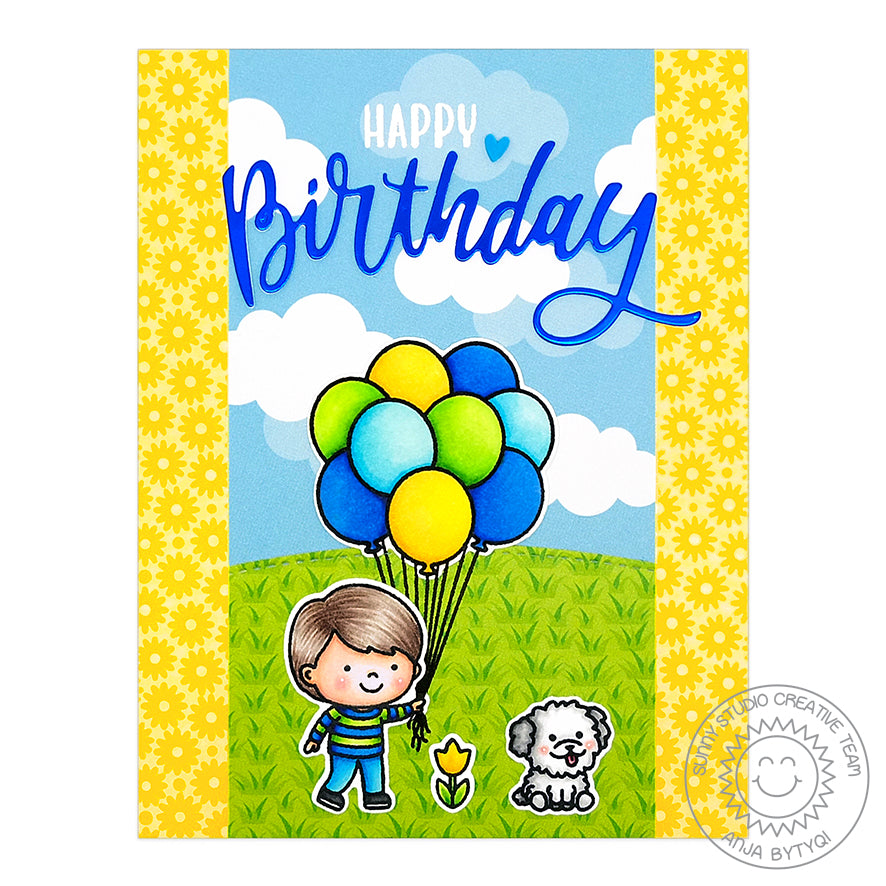 Sunny Studio Stamps Spring Showers Yellow, Blue & Green Boy with Balloons Birthday Handmade Card by Anja