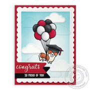 Sunny Studio Corgi Dog Floating with Balloon Bouquet Red, Black & White Graduation Card (featuring Floating By Stamps)