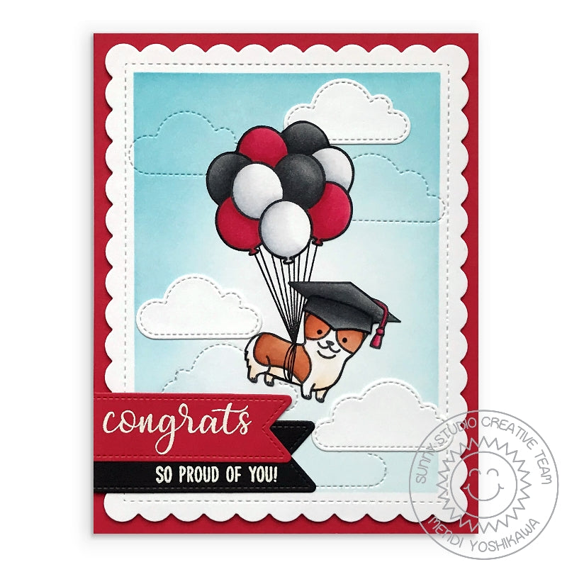Sunny Studio Corgi Dog Floating with Balloon Bouquet Red, Black & White Graduation Card (featuring Floating By Stamps)