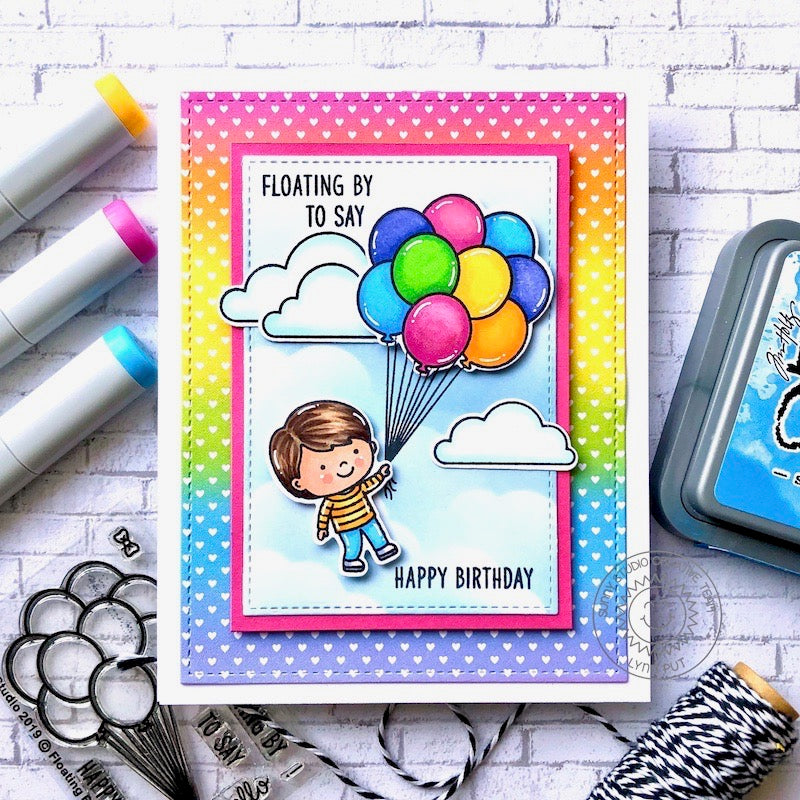 Sunny Studio Boy Floating in Clouds with Rainbow Balloon Bouquet Handmade Card (using Floating By 2x3 Clear Stamps)