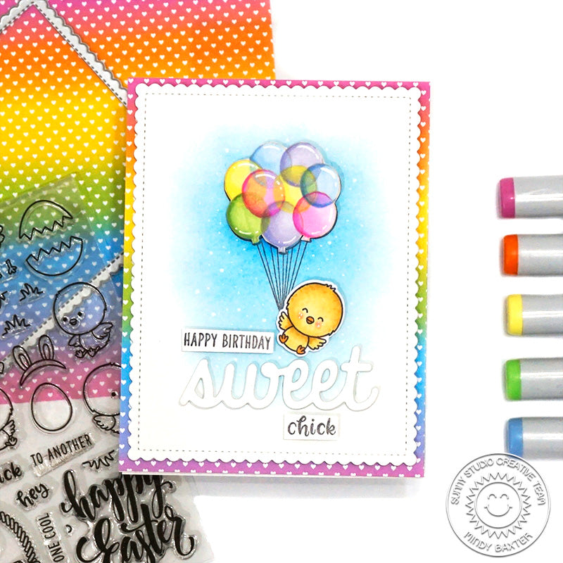 Sunny Studio Spring Chick Floating with Transparent Balloons Handmade Card (using Floating By 2x3 Clear Stamps)