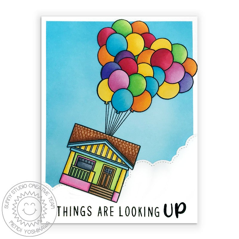 Sunny Studio Things Are Looking Up House in clouds with Floating Balloons Handmade Card (using Phoebe Alphabet Stamps)