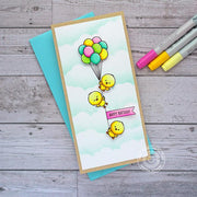 Sunny Studio Stamps Chickie Baby Hanging Chicks from Balloon Bouquet Slimline Card by Vanessa Menhorn