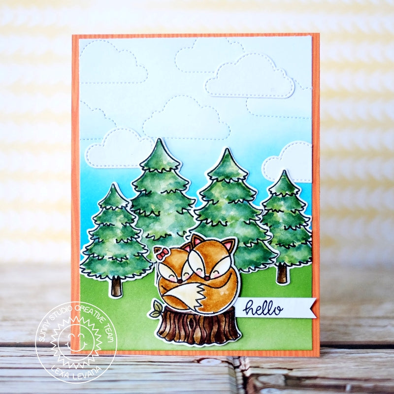 Sunny Studio Stamps Forest Fox Handmade Hello Card using Stitched Fluffy Cloud Metal Dies