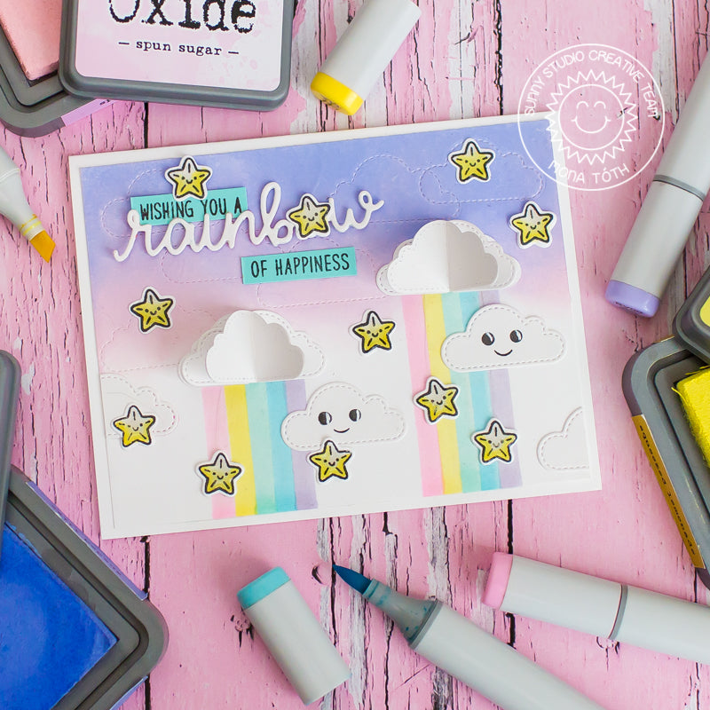 Sunny Studio Stamps Interactive 3D Pop up Clouds Card with swinging stars (using Fluffy Clouds Stitched Metal Cutting Dies)