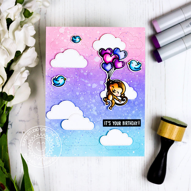 Sunny Studio Stamps Monkey floating with Heart Balloon Bouquet against a cotton candy sky (using stitched fluffy clouds metal cutting dies)