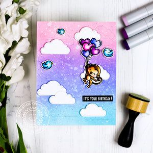 Sunny Studio Stamps Love Monkey Floating Balloons Card with Pink, Lavender & Aqua Cotton Candy Sky