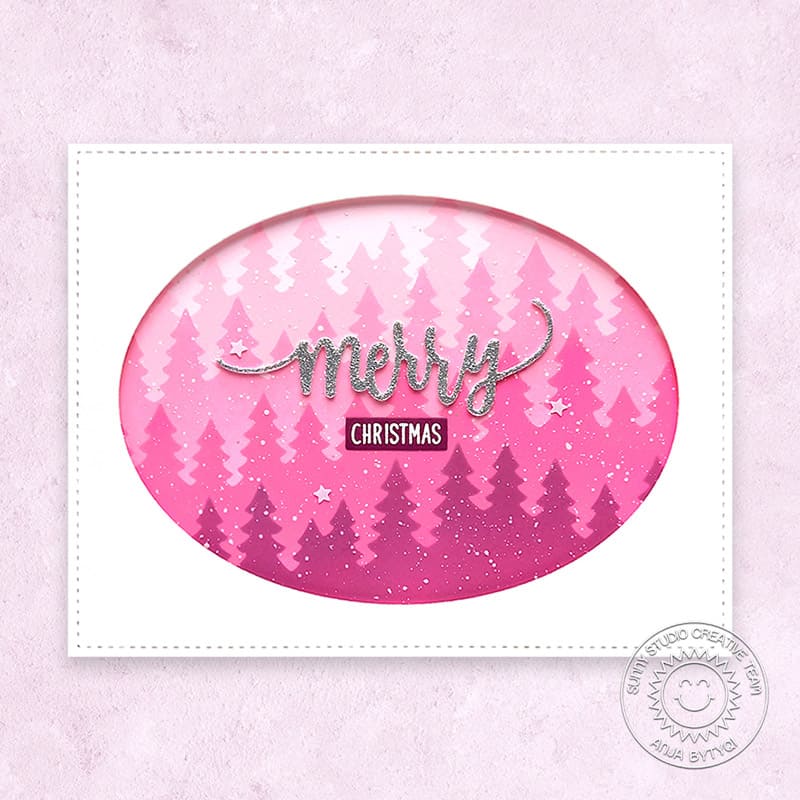 Sunny Studio Stamps Pink Layered Fir Tree Clean & Simple CAS Holiday Christmas Card (using Forest Trees 6" Layering Stencils)