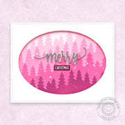 Sunny Studio Stamps Pink Layered Fir Tree Clean & Simple CAS Holiday Christmas Card using Stitched Oval 2 Metal Cutting Dies