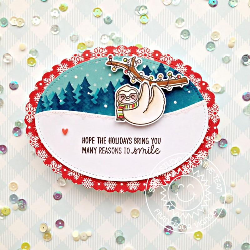 Sunny Studio Stamps Hanging Sloth Scalloped Oval Holiday Christmas Card (using Stitched Oval 2 Metal Cutting Dies)