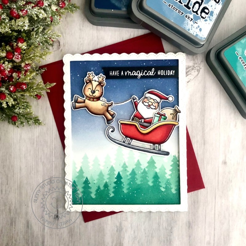 Sunny Studio Stamps Santa in Sleigh with Reindeer Holiday Christmas Card using Forest Trees 6" Layering Layered Stencils