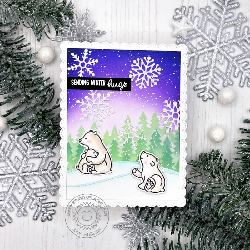 Sunny Studio Stamps Sending Bear Hugs Polar Bear Winter Holiday Card (using Forest Trees Layered 3-piece Stencils)