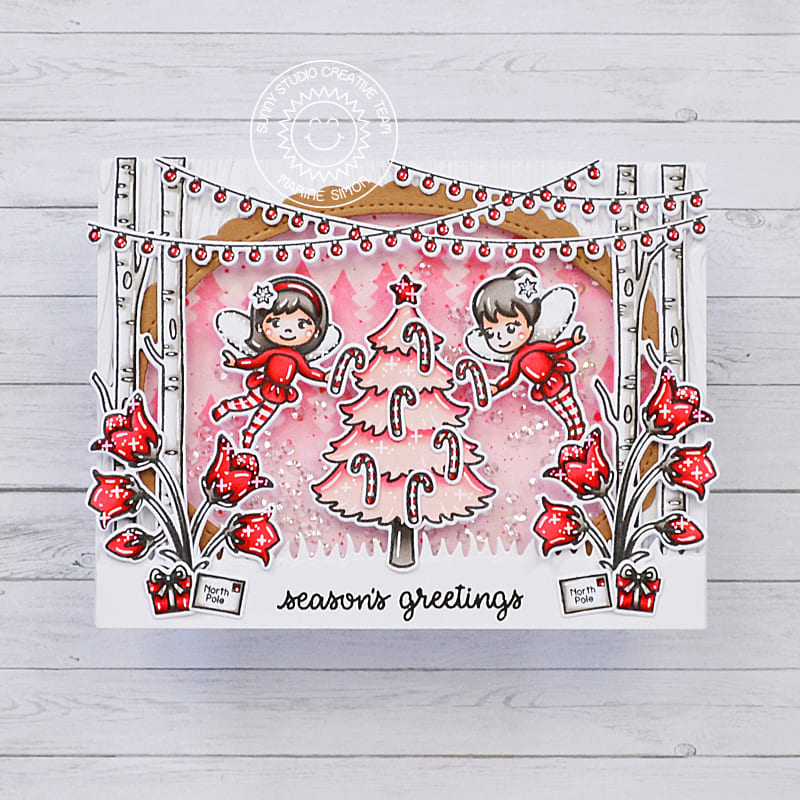 Sunny Studio Pink, Red & White Glitter Winter Fairy Shaker Christmas Card (using Seasonal Trees 4x6 Clear Stamps)