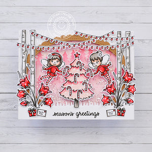 Sunny Studio Pink, Red & White Glitter Winter Wonderland Shaker Christmas Card (using Garden Fairy 4x6 Clear Stamps)