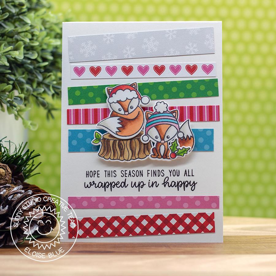 Sunny Studio "Hope This Holiday Season Finds You all Wrapped Up In Happy" Fox Holiday Card using Foxy Christmas Clear Stamps