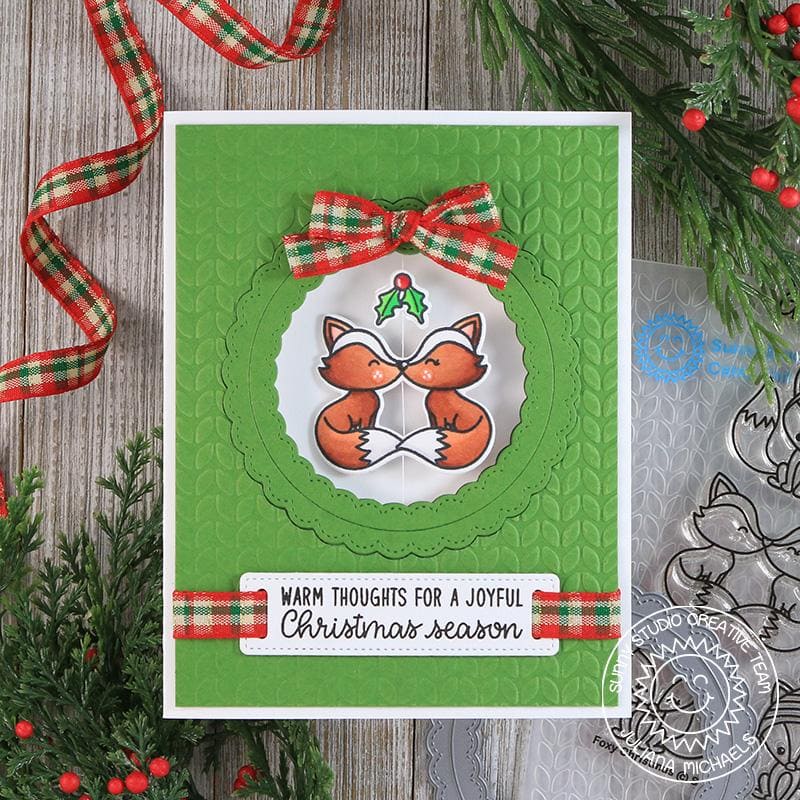 Sunny Studio Stamps Kissing Fox with Mistletoe Embossed Spinner Christmas Card (using Cable Knit 6x6 Embossing Folder)