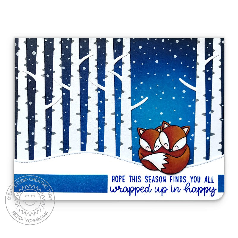 Sunny Studio Stamps Snowy Birch Trees with Winter Fox Royal Blue & White Christmas Card (using Rustic Winter Metal Cutting Dies)