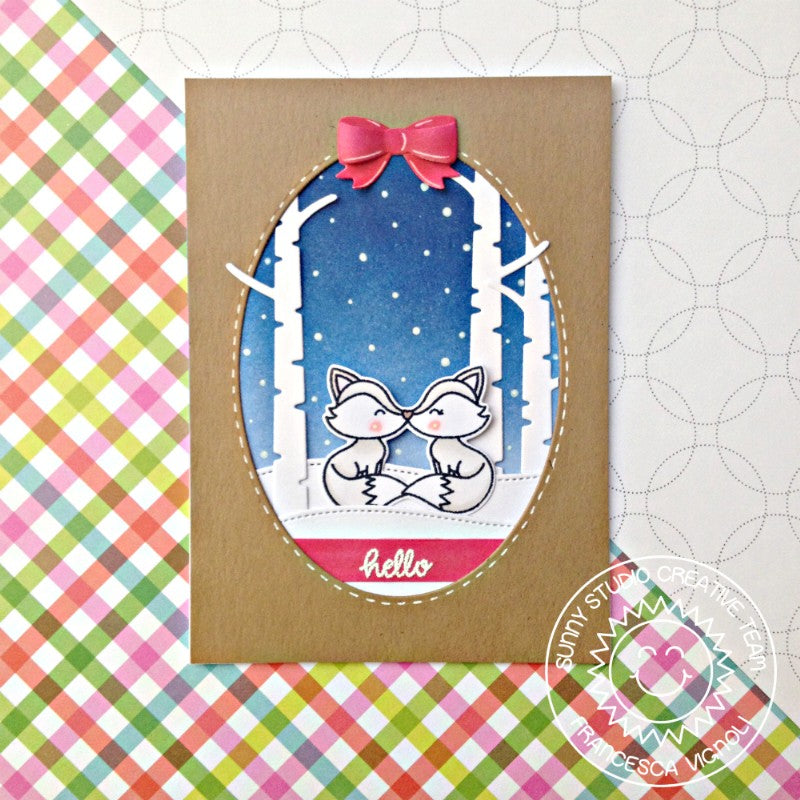 Sunny Studio Stamps Fox with Birch Trees Stitched Oval Holiday Christmas Card (using Rustic Winter Metal Cutting Dies)