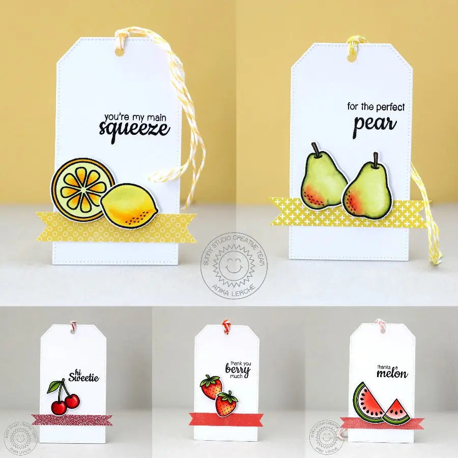 Sunny Studio CAS Clean & Simple Punny Lemon, Pear, Cherry, Strawberry & Watermelon Gift Tags (using Fresh & Fruity Clear Stamps)