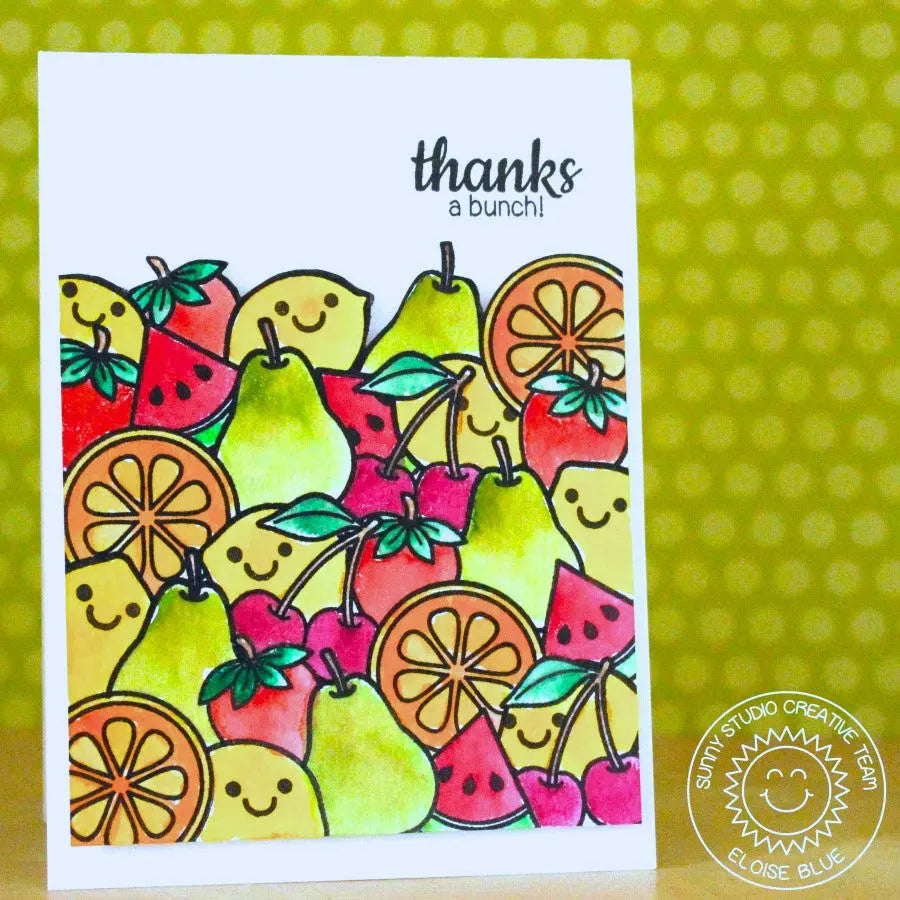 Sunny Studio Pear, Watermelon, Orange, Strawberry, & Lemon Thanks A Bunch Punny Thank You Card (using Fresh & Fruity Clear Stamps)