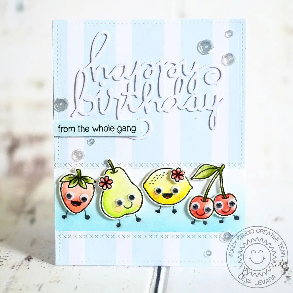 Sunny Studio Happy Birthday From The Whole Gang Strawberry, Pear, Lemon & Cherries with Wingle Eyes & Happy Faces Card (using Fresh & Fruity Clear Stamps)