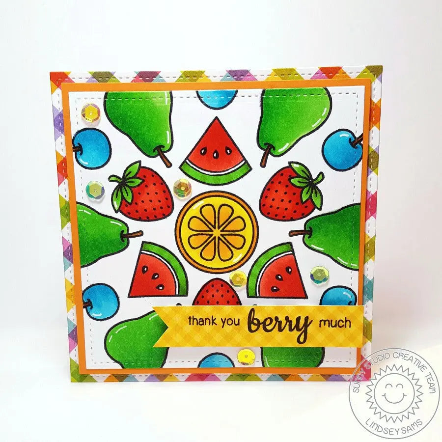 Sunny Studio Stamps Fresh & Fruity Thank You Berry Much Radiating Colorful Fruit Square Punny Summer Card