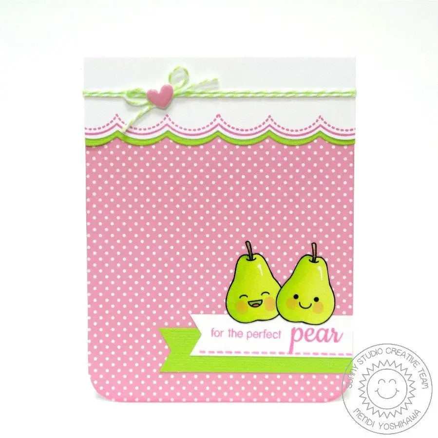 Sunny Studio Stamps Punny For the Perfect Pear Pink Polka-dot Card with Scalloped Border using Sunny Borders Cutting Dies