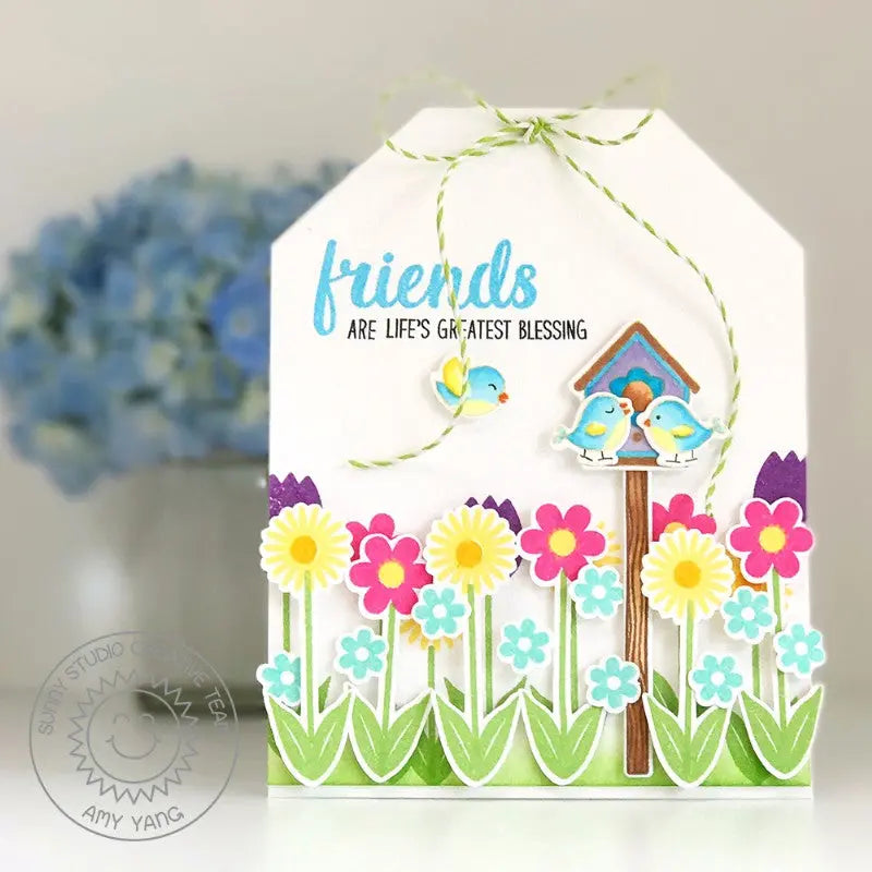 Sunny Studio Friends Are Life's Greatest Blessing Birds with Birdhouse & Flowers Tag Card using A Bird's Life Clear Stamps