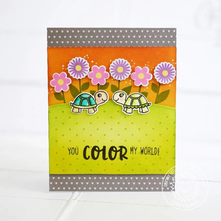 Sunny Studio You Color My World Turtles with Pink & Purple Daisy Flowers Card (using Turtley Awesome 2x3 Clear Stamps)