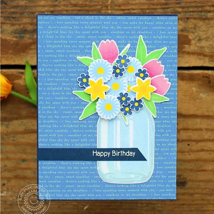 Sunny Studio Friends and Family Flowers in Vase Birthday Card (using Vintage Jar Stamps)