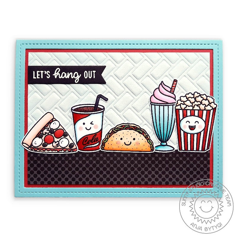 Sunny Studio Let's Hang Out Pizza, Cola, Taco, & Popcorn Embossed Card using Frilly Frames Herringbone Metal Cutting Dies