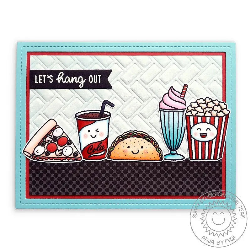Sunny Studio Stamps "Let's Hang Out" Pizza, Soda Pop, Taco, Milkshake & Taco Handmade Card using Fast Food Fun Clear Stamps