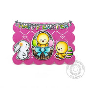 Sunny Studio Stamps Happy Easter Chick, Bunny, Eggs & Basket Scalloped Card using Frilly Frames Eyelet Lace Metal Cutting Die