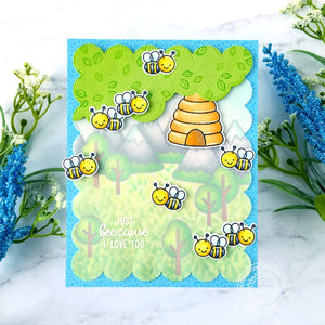 Sunny Studio Stamps Just Bee-Cause I Love You Honey Bee with Beehive, Mountains and Trees Handmade Card (using Spring Scenes Borders 4x6 Clear Photopolymer Stamp Set)