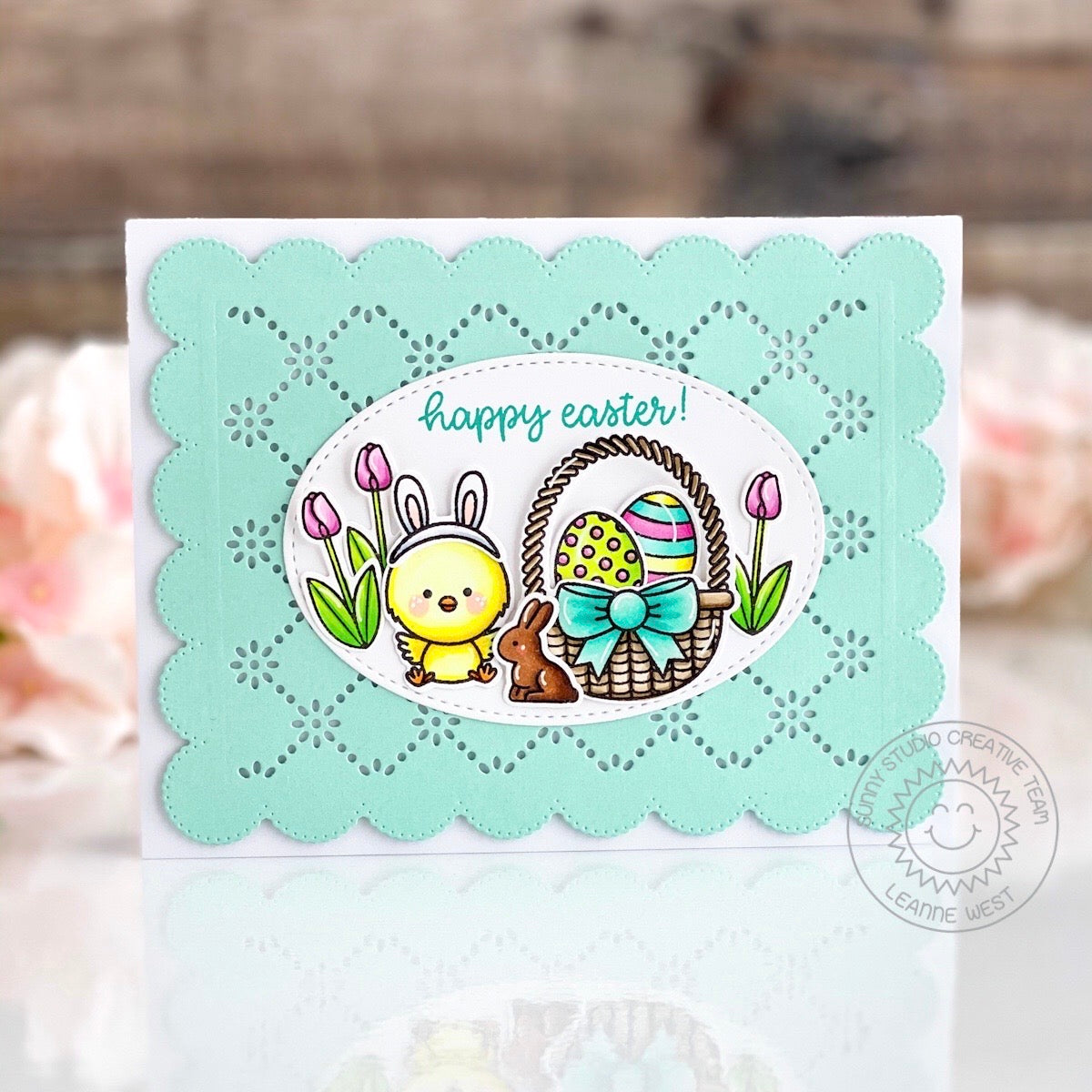 Sunny Studio Stamps Happy Easter Chick with Basket, Eggs & Chocolate Bunny Card using Frilly Frames Eyelet Lace Cutting Dies