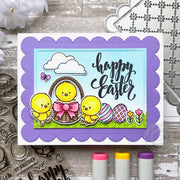 Sunny Studio Happy Easter Chicks with Basket & Decorated Eggs Handmade Scalloped Card using Chickie Baby 4x6 Clear Stamps
