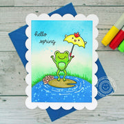 Sunny Studio Stamps Hello Spring Leaping Frog with Lily Pad & Chick Umbrella Card using Frilly Frames Eyelet Lace Cutting Die