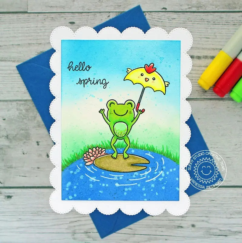 Sunny Studio Stamps Hello Spring Frog With Lily Pad & Chick Umbrella Scalloped Handmade Card (using Froggie Friends 4x6 Photopolymer Clear Stamp Set)