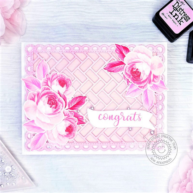 Sunny Studio Stamps Pink Monochromatic Roses Wedding Congratulations Card using Frilly Frames Herringbone Metal Cutting Dies