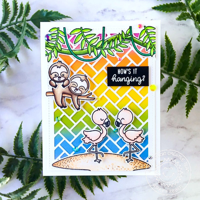 Sunny Studio Hanging Sloth & Flamingos with Tropical Vines Rainbow Handmade Card using Tropical Scenes 4x6 Clear Stamps