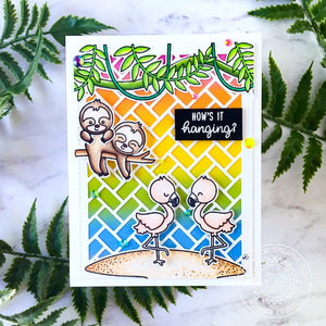 Sunny Studio Hanging Sloth & Flamingos with Tropical Vines Rainbow Handmade Card using Tropical Scenes 4x6 Clear Stamps