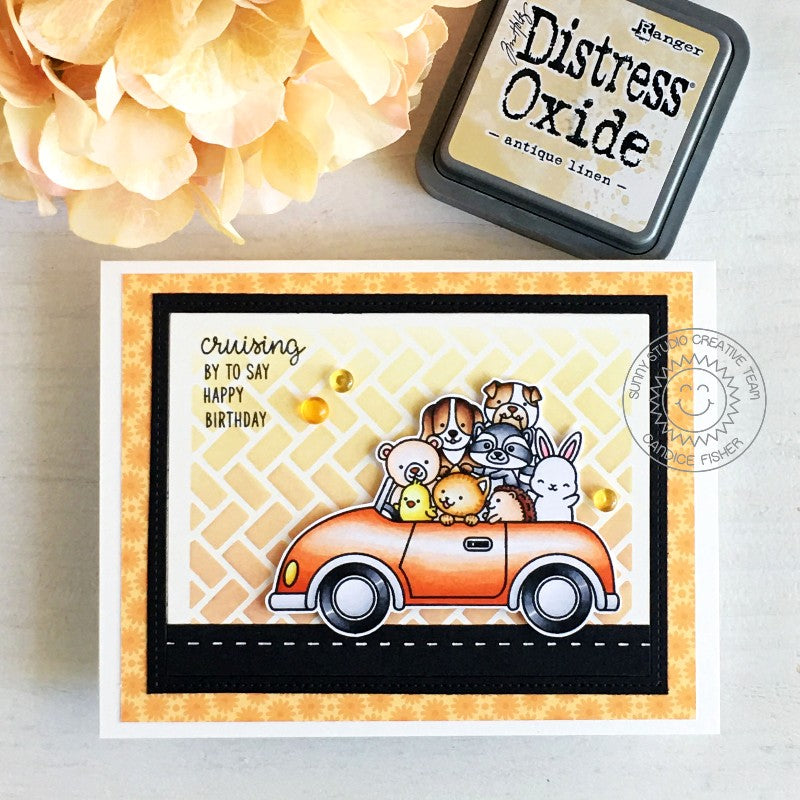 Sunny Studio Cruising By To Say Happy Birthday Animals Piled Into A Card Handmade DIY Greeting Card (using Cruising Critters 3x4 Clear Photopolymer Stamp Set)