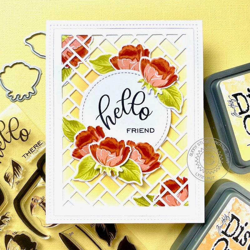 Sunny Studio Stamps Hello Friend Red Layered Floral Roses Handmade Card (using Frilly Frames Herringbone Metal Cutting Dies)